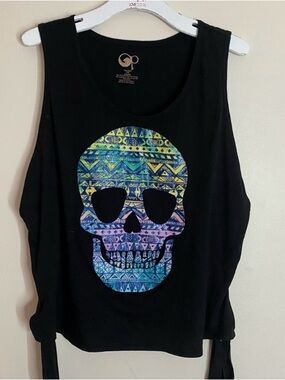 OP cotton blend Black Tank top with pastel color skull Print side tie XXL